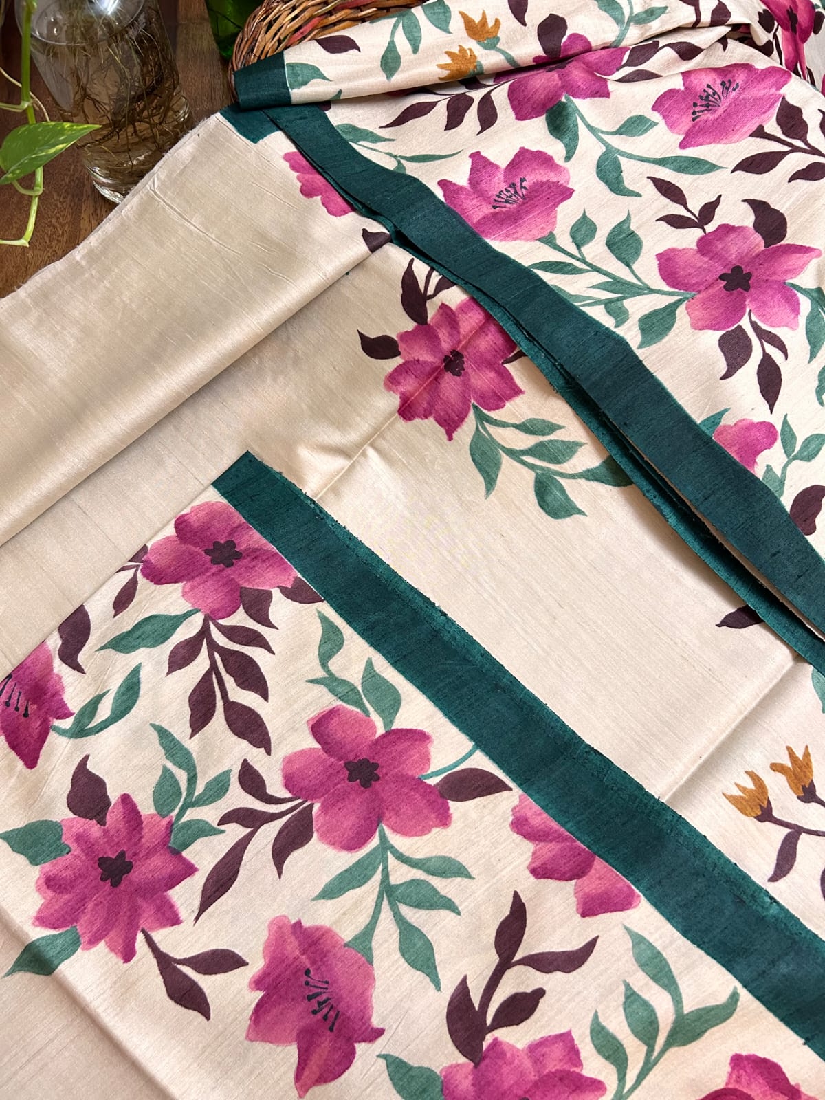 Hand painted Tussar silk: A Floral Tapestry