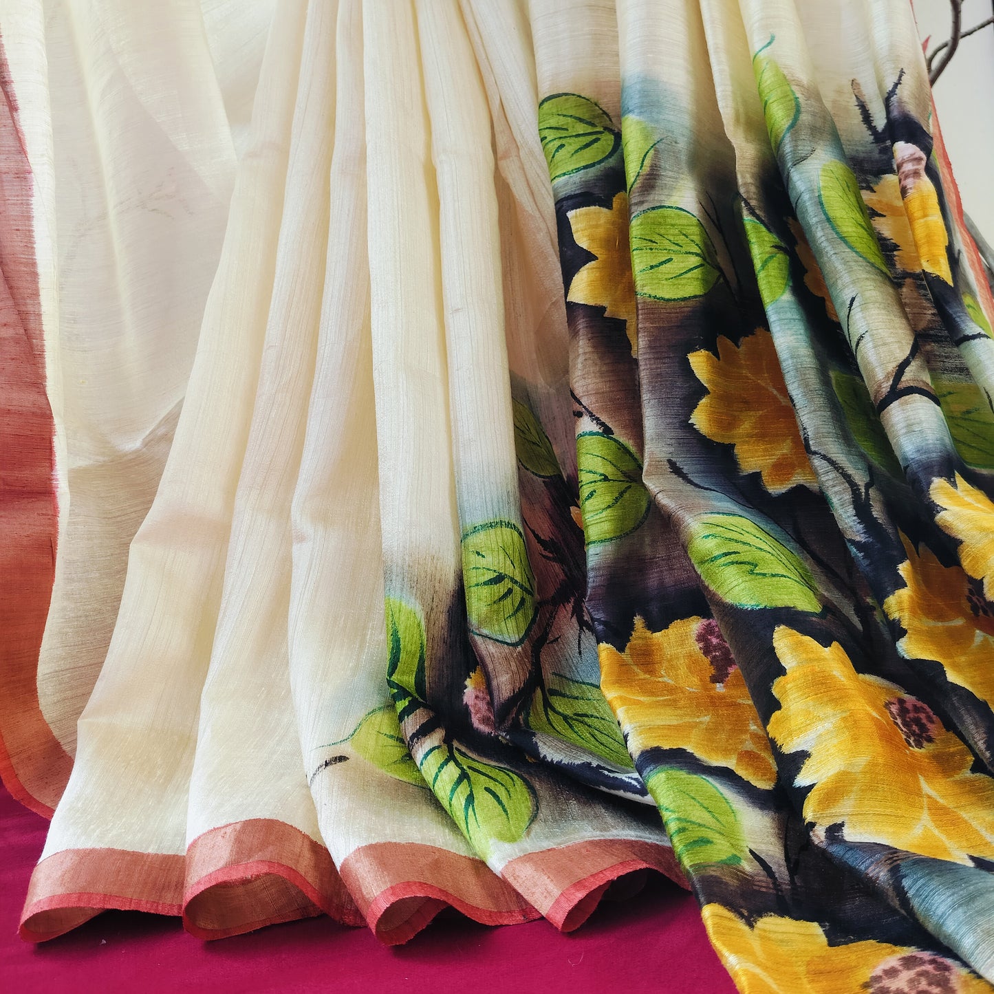 Handcrafted Saree: Hand Painted Floral Bouquet