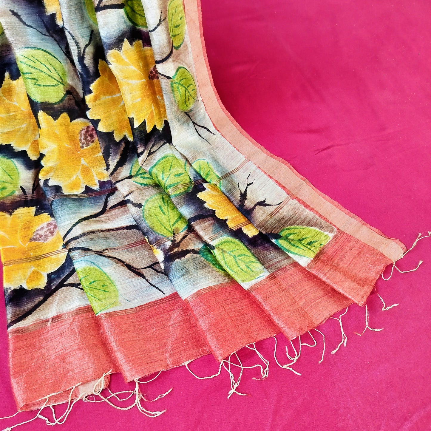 Handcrafted Saree: Hand Painted Floral Bouquet