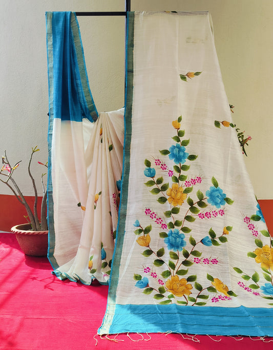 Handcrafted Saree: Hand Painted Floral Bouquet