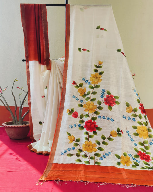 Handcrafted Saree: Hand Painted Floral Bouquet