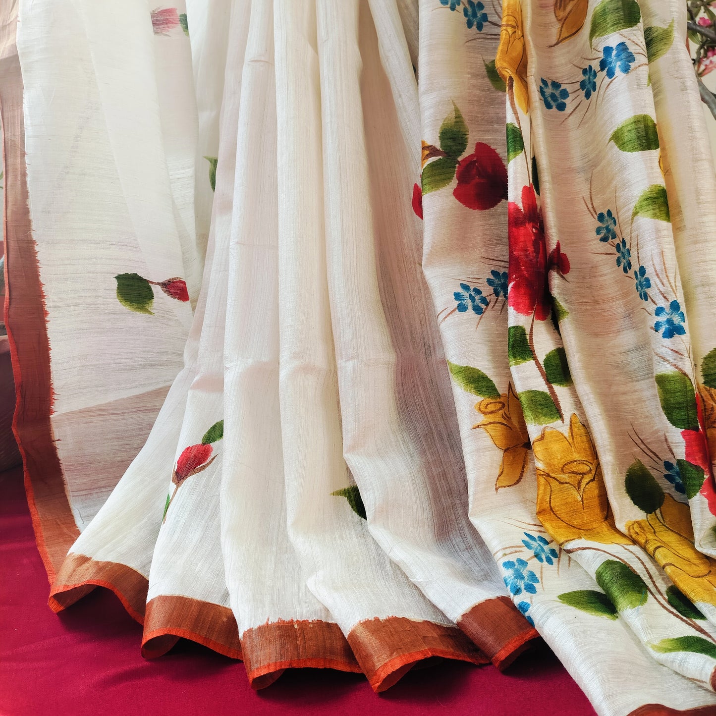 Handcrafted Saree: Hand Painted Floral Bouquet