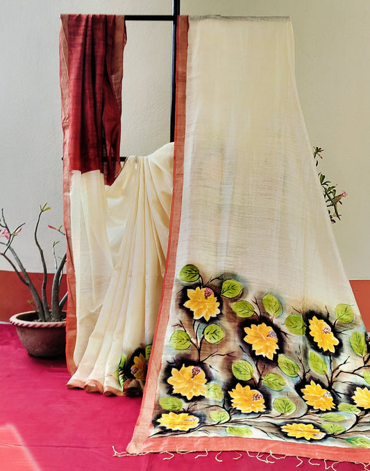 Handcrafted Saree: Hand Painted Floral Bouquet