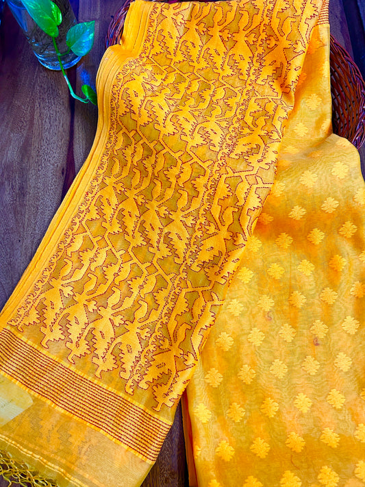 Handcrafted Kantha Saree: Dhakai Jamdani with Hand Embroidery