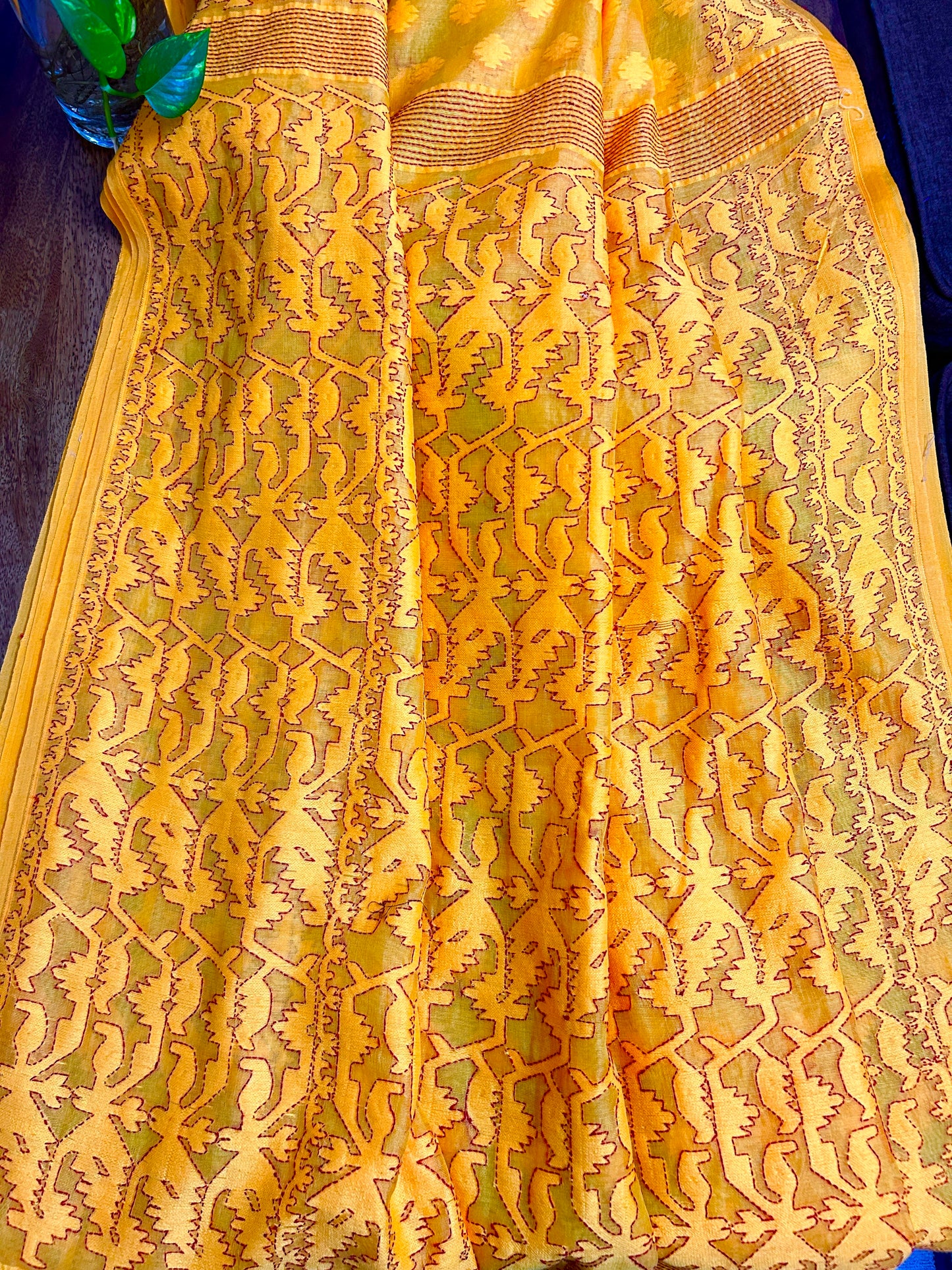 Handcrafted Kantha Saree: Dhakai Jamdani with Hand Embroidery