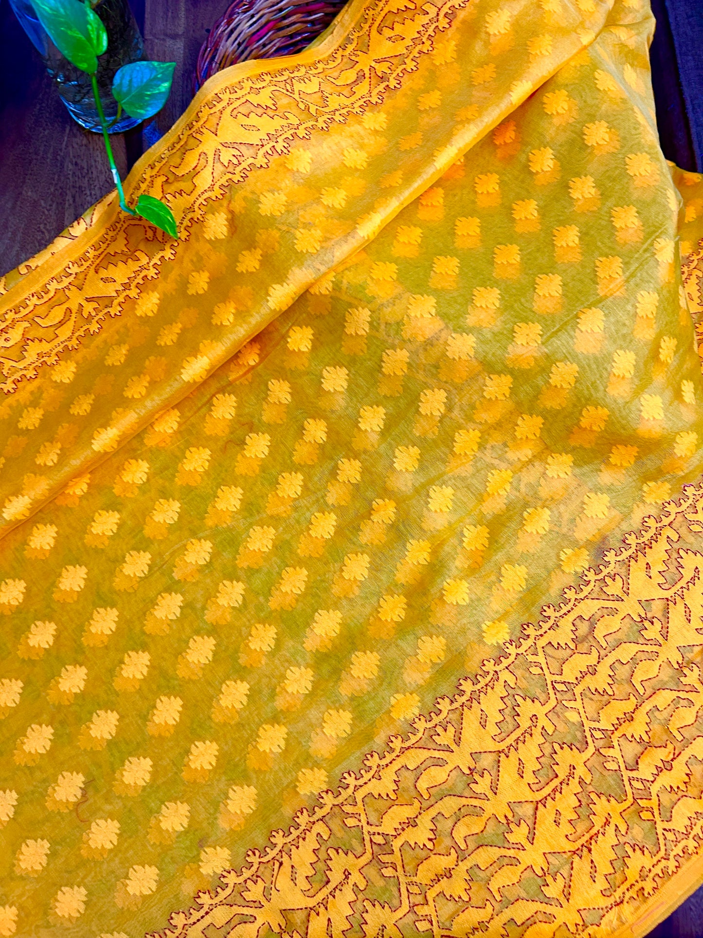 Handcrafted Kantha Saree: Dhakai Jamdani with Hand Embroidery