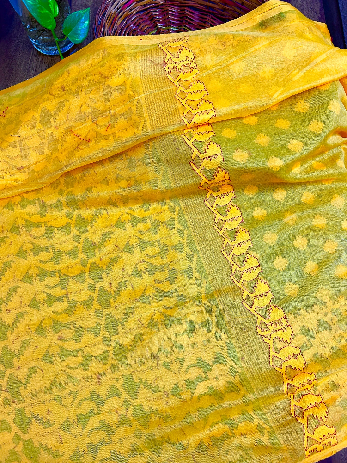 Handcrafted Kantha Saree: Dhakai Jamdani with Hand Embroidery